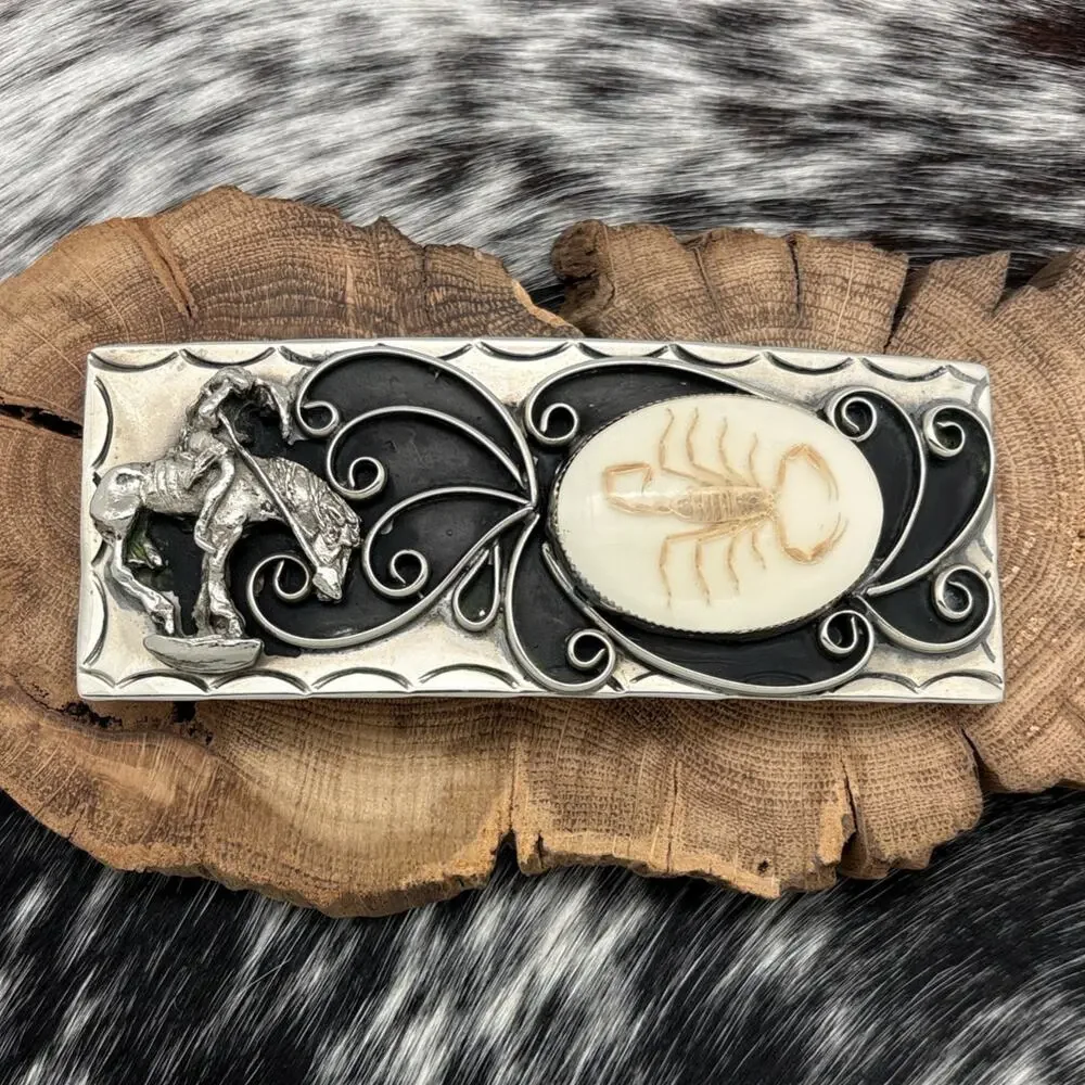 SOUTHWEST STYLE Nickel Silver Statement Belt Buckle Man On Horse & Scorpion TT